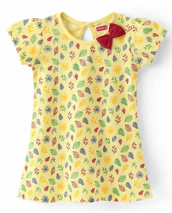 Babyhug 100% Cotton Single Jersey Knit Half Sleeves Frock With Bow Applique & Leaf Print Pack Of 2 - Yellow & Red