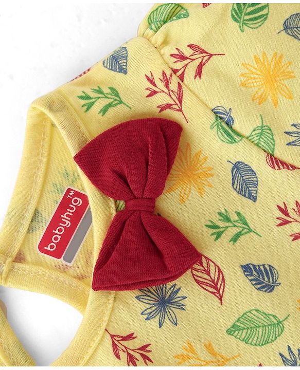 Babyhug 100% Cotton Single Jersey Knit Half Sleeves Frock With Bow Applique & Leaf Print Pack Of 2 - Yellow & Red