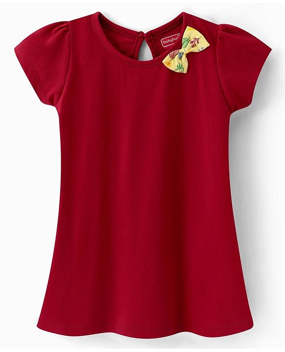 Babyhug 100% Cotton Single Jersey Knit Half Sleeves Frock With Bow Applique & Leaf Print Pack Of 2 - Yellow & Red