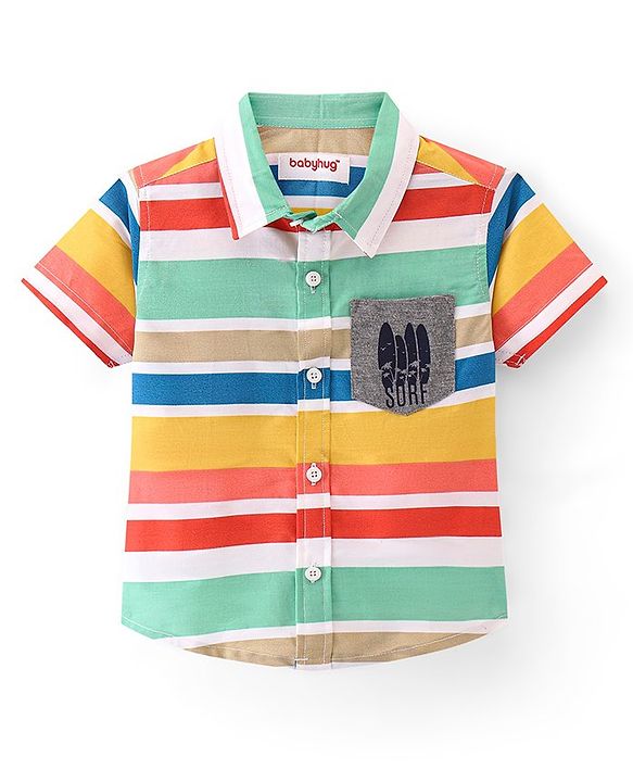 Babyhug Cotton Knit  Half Sleeve Regular Collar Striped Shirt Surf Board Print  - Multicolour