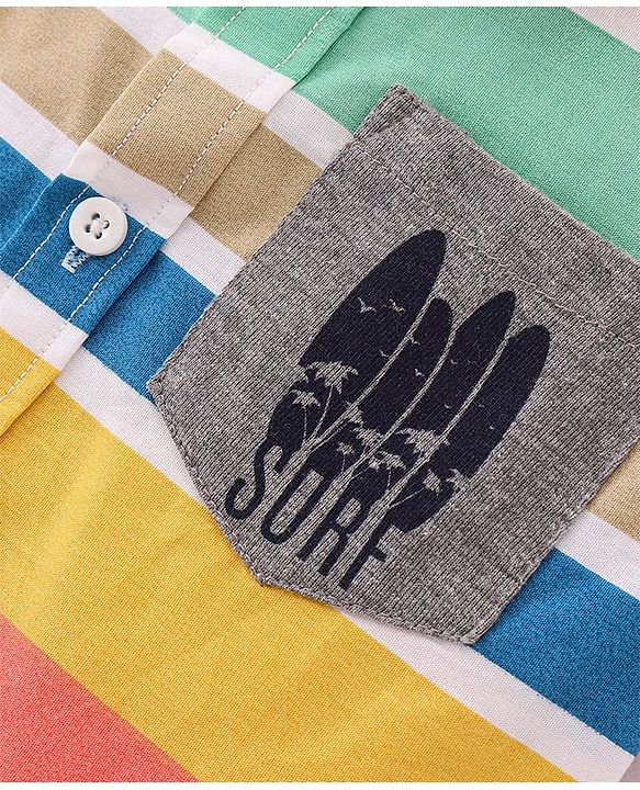 Babyhug Cotton Knit  Half Sleeve Regular Collar Striped Shirt Surf Board Print  - Multicolour