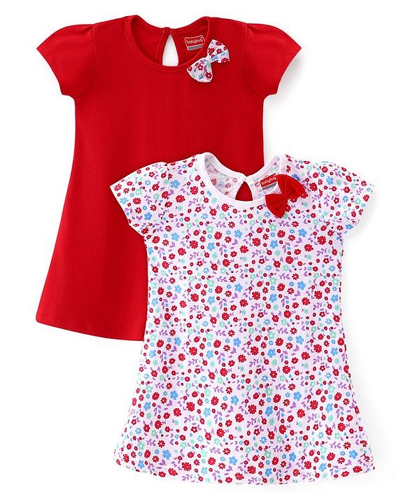 Babyhug 100% Cotton Single Jersey Knit Half Sleeves Frock Floral Print Pack Of 2 - Red & White
