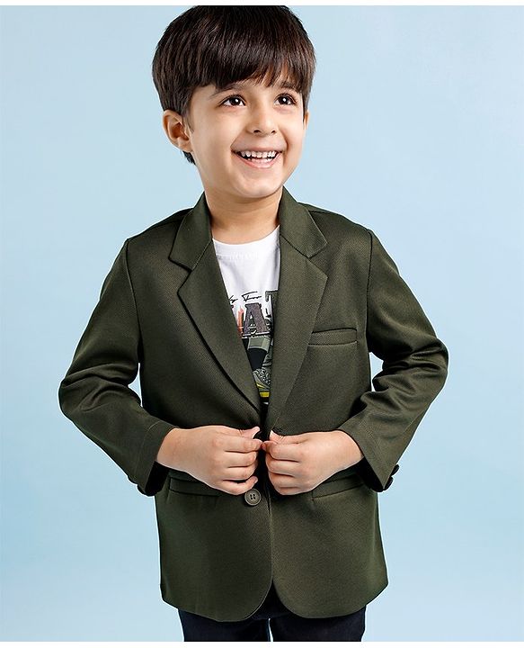 Babyhug Full Sleeves Party Wear Blazer With Graphic Printed T-Shirt - Green & White