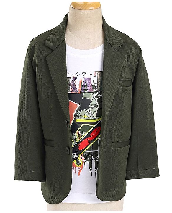 Babyhug Full Sleeves Party Wear Blazer With Graphic Printed T-Shirt - Green & White