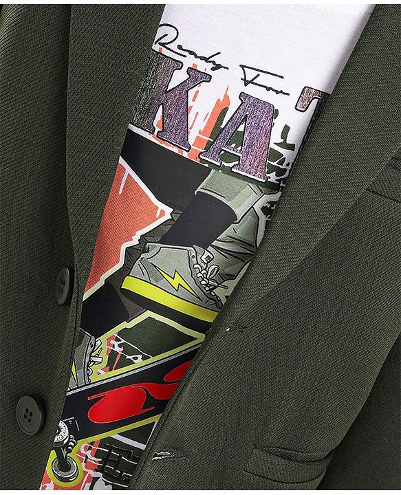 Babyhug Full Sleeves Party Wear Blazer With Graphic Printed T-Shirt - Green & White