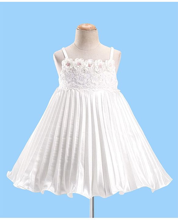 Babyhug Sleeveless Pleated Satin Party Frock with Floral Applique -  Off White