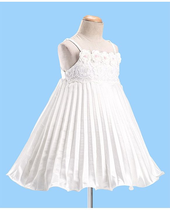 Babyhug Sleeveless Pleated Satin Party Frock with Floral Applique -  Off White