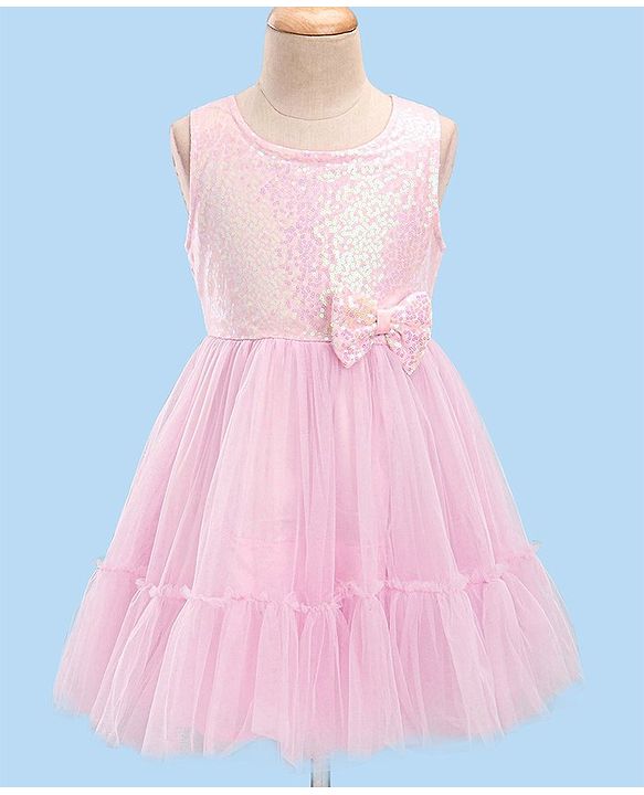 Babyhug Woven Sleeveless Party Frock With Sequinned Yoke & Mesh - Pink