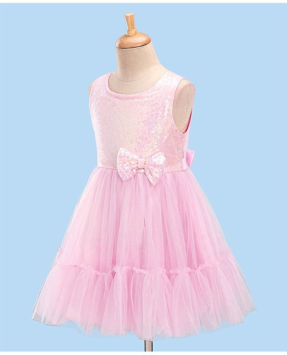 Babyhug Woven Sleeveless Party Frock With Sequinned Yoke & Mesh - Pink