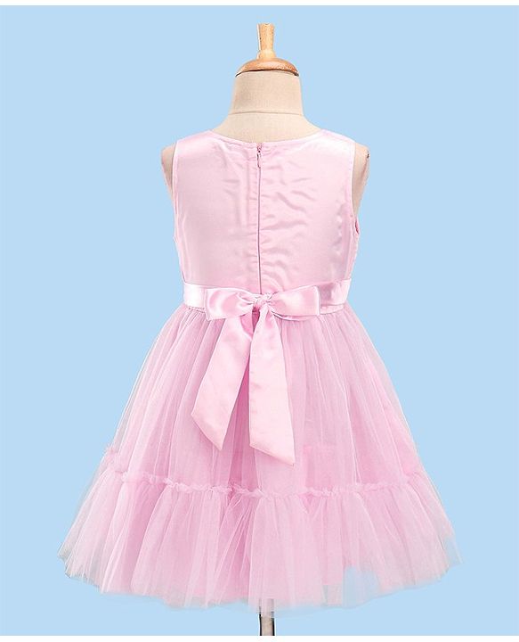 Babyhug Woven Sleeveless Party Frock With Sequinned Yoke & Mesh - Pink