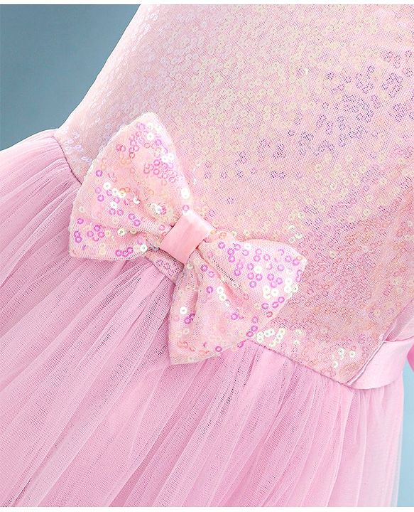 Babyhug Woven Sleeveless Party Frock With Sequinned Yoke & Mesh - Pink