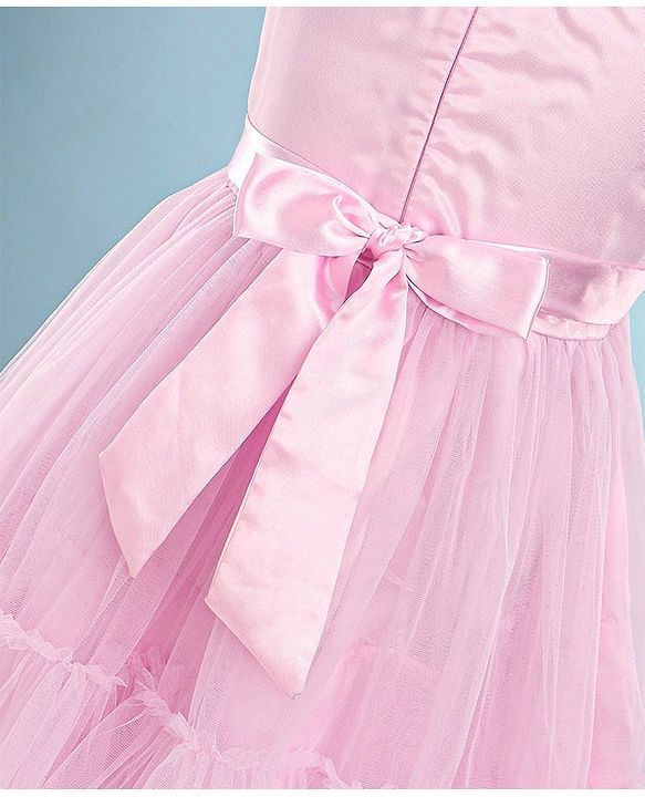 Babyhug Woven Sleeveless Party Frock With Sequinned Yoke & Mesh - Pink