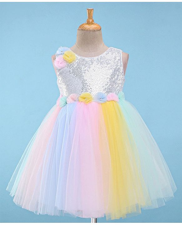 Babyhug Woven Sleeveless Sequinned Party Frock with Floral Corsage-Multicolour