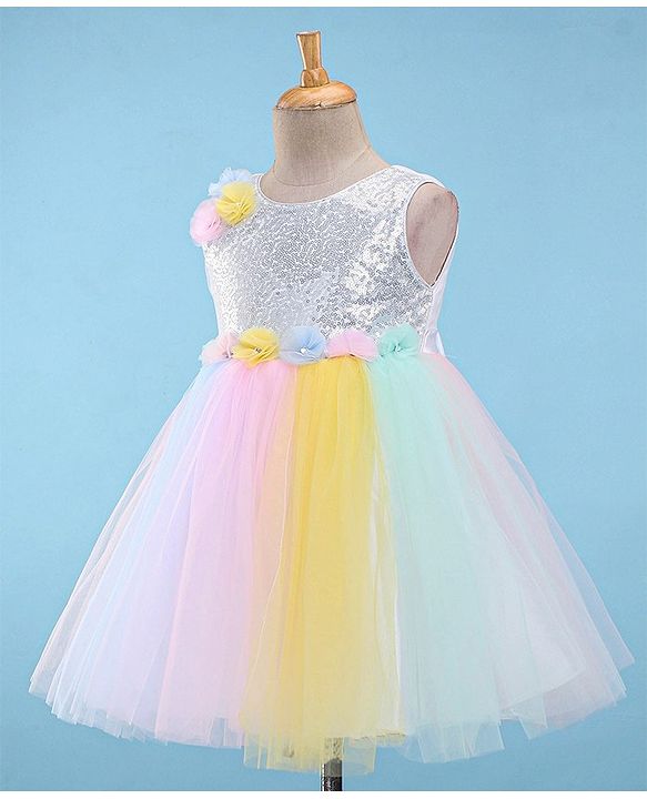 Babyhug Woven Sleeveless Sequinned Party Frock with Floral Corsage-Multicolour