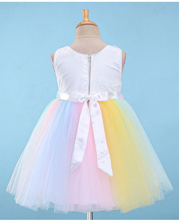 Babyhug Woven Sleeveless Sequinned Party Frock with Floral Corsage-Multicolour