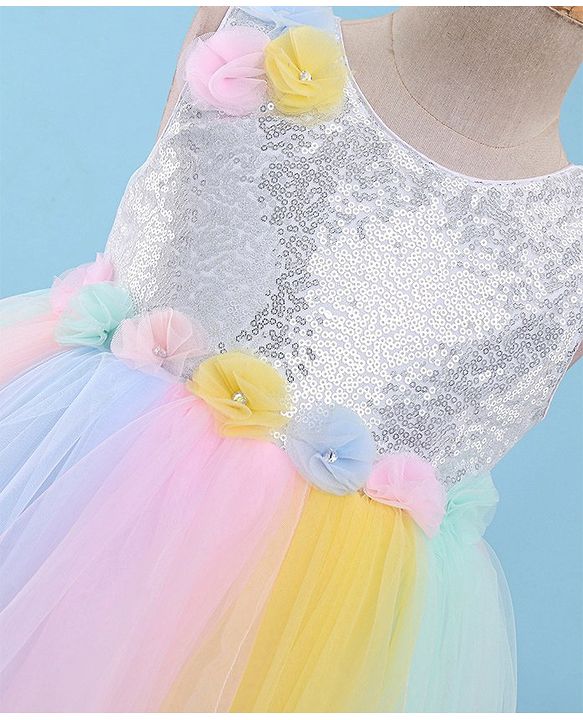 Babyhug Woven Sleeveless Sequinned Party Frock with Floral Corsage-Multicolour