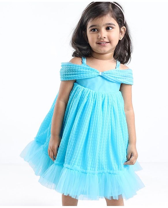 Babyhug Sleeveless Pleated Mesh a Line Party Dress - Sky Blue