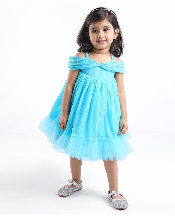 Babyhug Sleeveless Pleated Mesh a Line Party Dress - Sky Blue