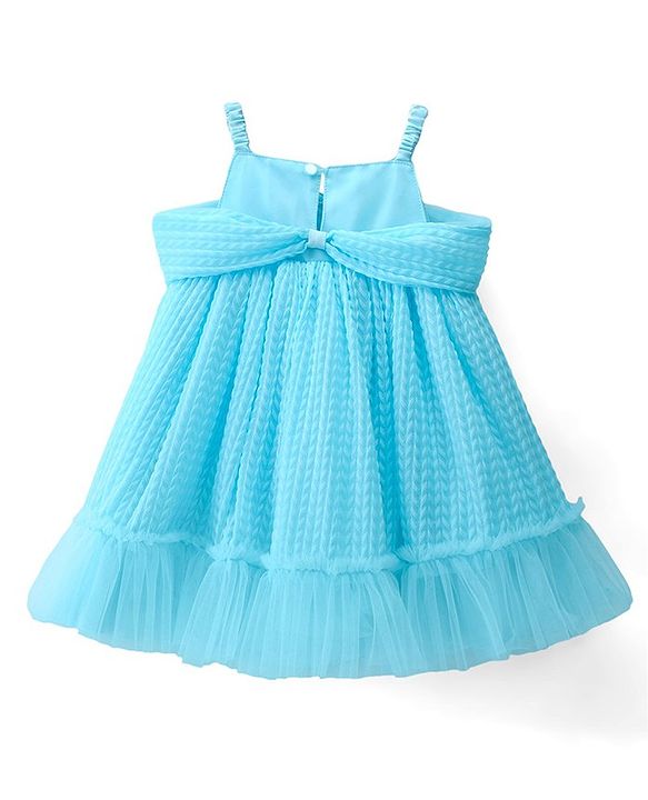 Babyhug Sleeveless Pleated Mesh a Line Party Dress - Sky Blue
