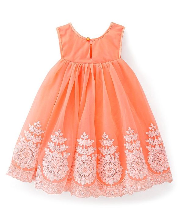 Babyhug Woven Sleeveless Party Dress with Floral Embroidery - Coral