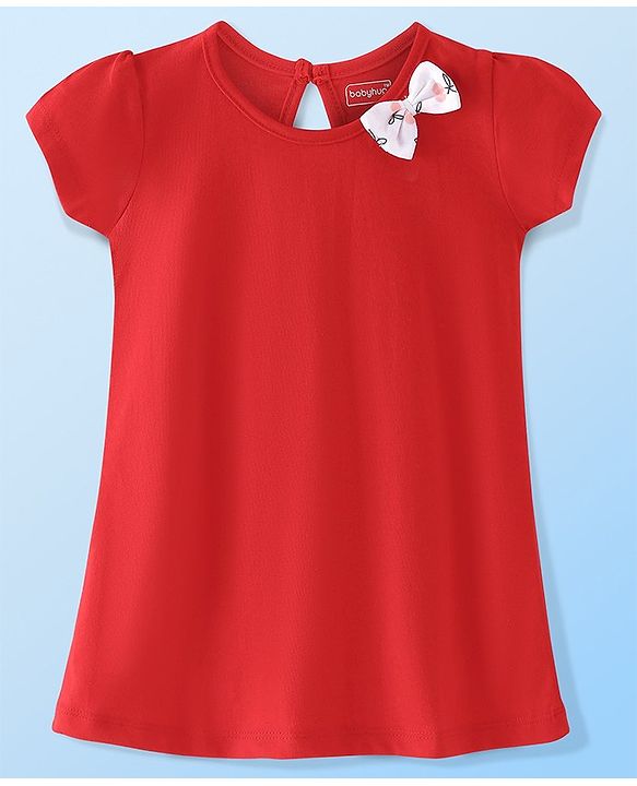 Babyhug Single Jersey Knit Half Sleeves Frock with Solid & Cherry Print & Bow Applique Pack of 2 - White & Red