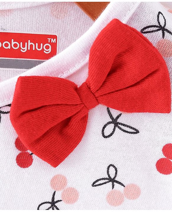 Babyhug Single Jersey Knit Half Sleeves Frock with Solid & Cherry Print & Bow Applique Pack of 2 - White & Red