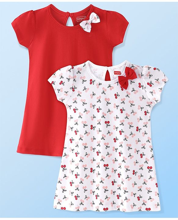 Babyhug Single Jersey Knit Half Sleeves Frock with Solid & Cherry Print & Bow Applique Pack of 2 - White & Red