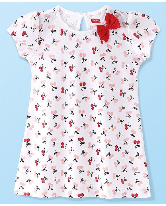 Babyhug Single Jersey Knit Half Sleeves Frock with Solid & Cherry Print & Bow Applique Pack of 2 - White & Red