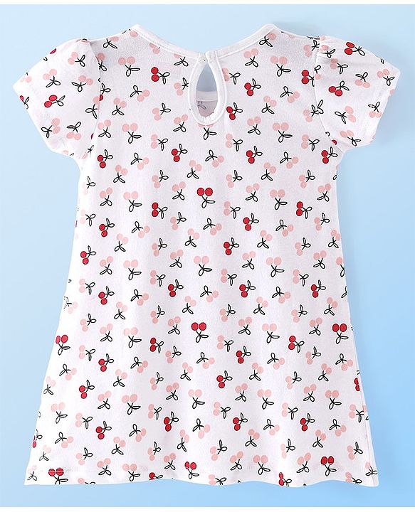 Babyhug Single Jersey Knit Half Sleeves Frock with Solid & Cherry Print & Bow Applique Pack of 2 - White & Red