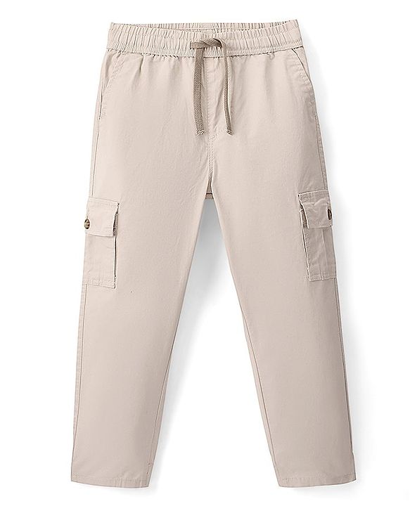 Pine Kids Stretchable Cotton Full Length Elasticated Waist Comfort Fit Trouser Solid Colour - Beige