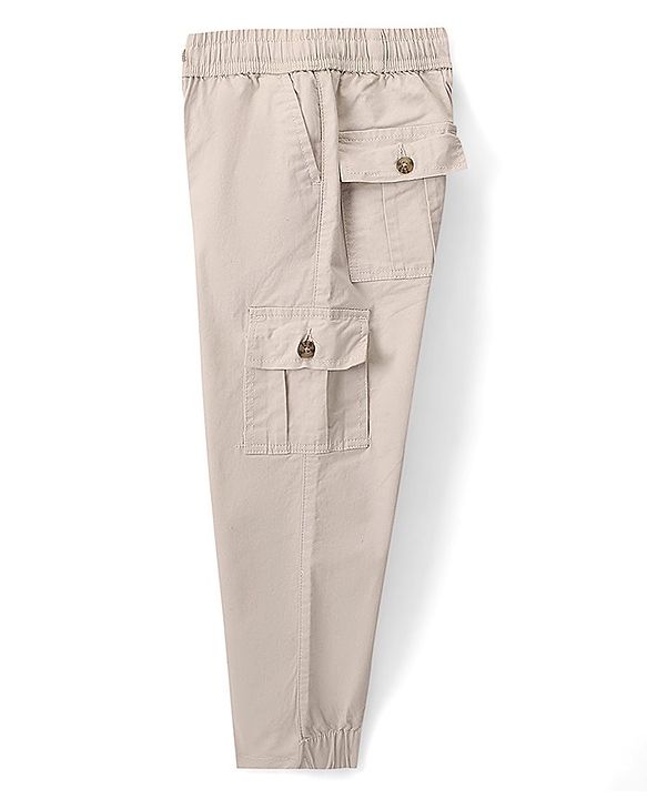 Pine Kids Stretchable Cotton Full Length Elasticated Waist Comfort Fit Trouser Solid Colour - Beige