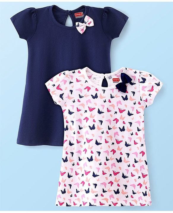 Babyhug 100% Cotton Single Jersey Knit Half Sleeves Frock Butterfly Print Pack Of 2 - Blue & White
