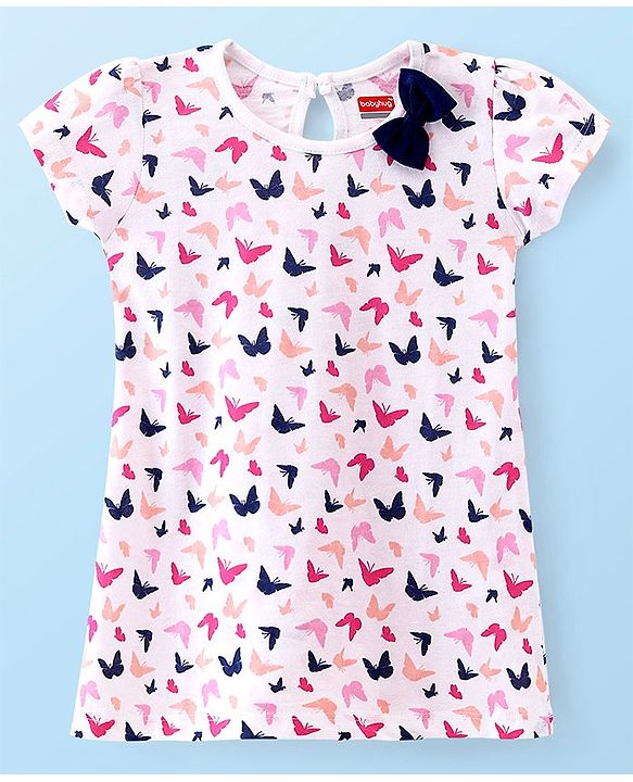 Babyhug 100% Cotton Single Jersey Knit Half Sleeves Frock Butterfly Print Pack Of 2 - Blue & White