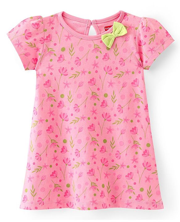 Babyhug 100% Cotton Single Jersey Knit Half Sleeves Frock Floral Print Pack Of 2 - Pink & Green