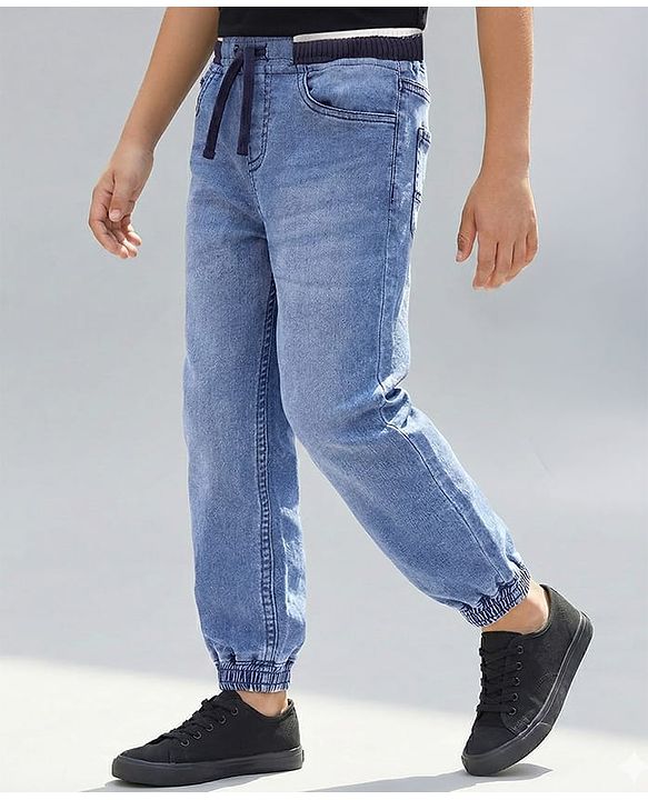 Pine Kids Full Length Jogger Fit Rib Elasticated Waist Solid Color Denim Jeans - Blue