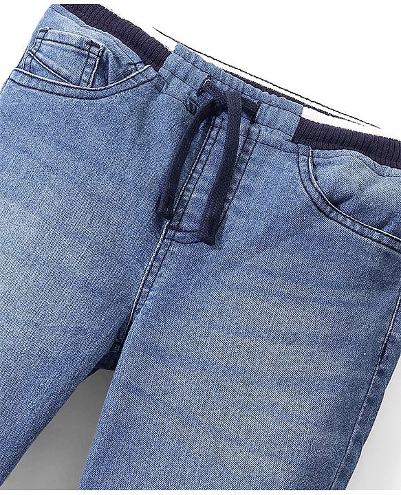 Pine Kids Full Length Jogger Fit Rib Elasticated Waist Solid Color Denim Jeans - Blue