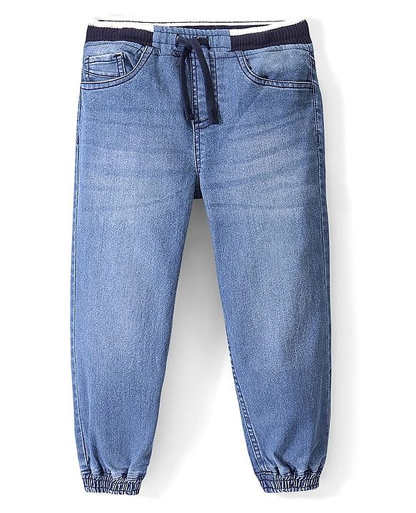 Pine Kids Full Length Jogger Fit Rib Elasticated Waist Solid Color Denim Jeans - Blue