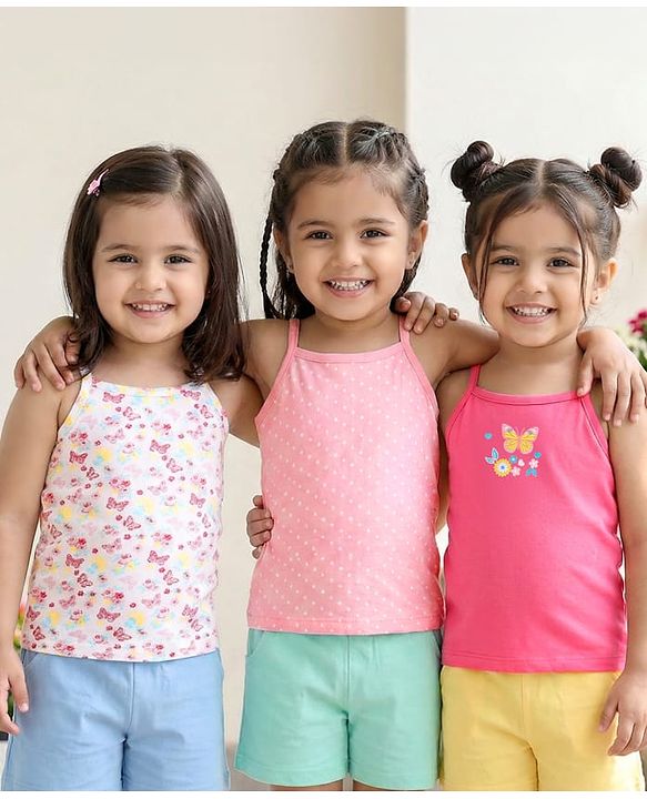 Babyhug 100% Cotton Knit Sleeveless Slips Butterfly Print Pack of 3 - Multicolor