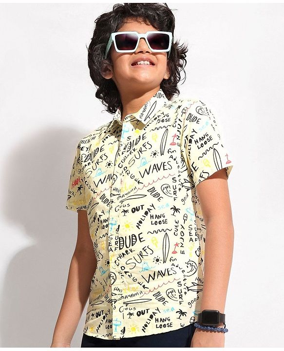 Pine Kids Cotton Half Sleeves All Over Text Printed Shirt - White