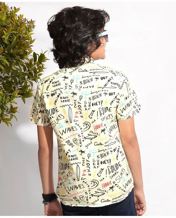 Pine Kids Cotton Half Sleeves All Over Text Printed Shirt - White