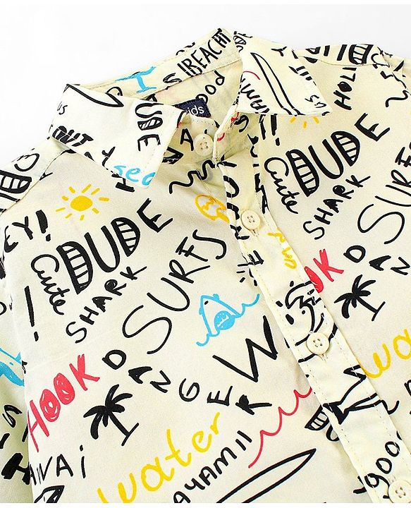 Pine Kids Cotton Half Sleeves All Over Text Printed Shirt - White
