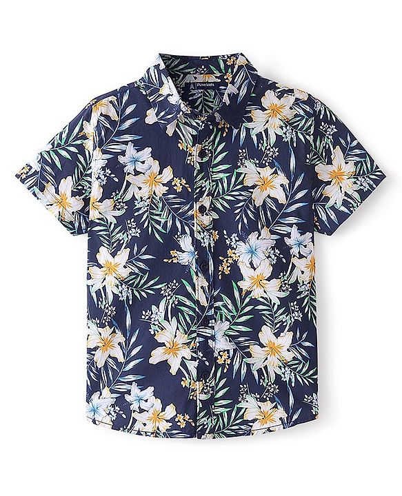 Pine Kids Cotton Half Sleeves All Over Floral Printed Shirt - Navy