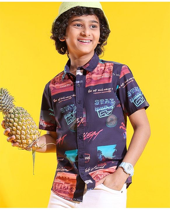 Pine Kids Cotton Woven Half Sleeves Shirt Picture & Text Print- Navy Blue