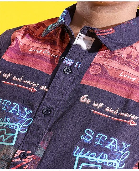 Pine Kids Cotton Woven Half Sleeves Shirt Picture & Text Print- Navy Blue