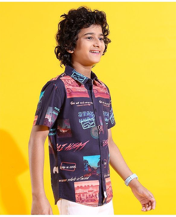 Pine Kids Cotton Woven Half Sleeves Shirt Picture & Text Print- Navy Blue