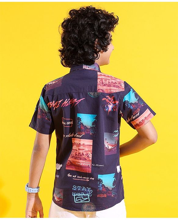 Pine Kids Cotton Woven Half Sleeves Shirt Picture & Text Print- Navy Blue