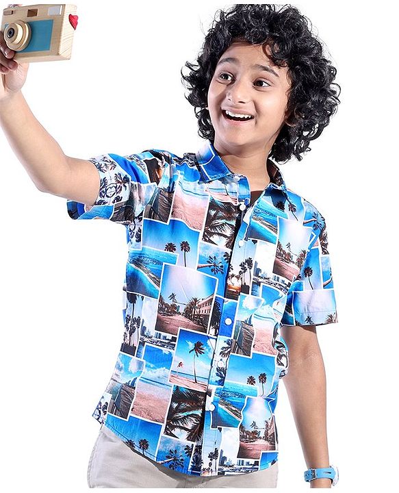 Pine Kids Cotton Woven Half Sleeves Beach Print  Shirts - Multicolour