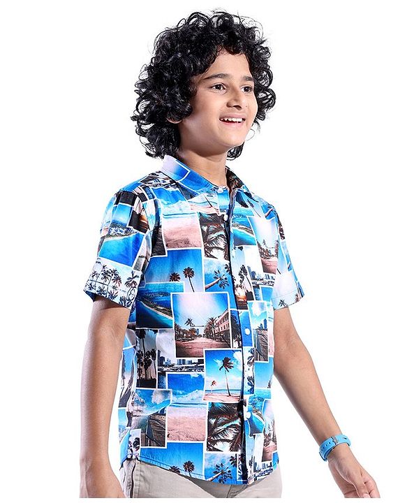 Pine Kids Cotton Woven Half Sleeves Beach Print  Shirts - Multicolour