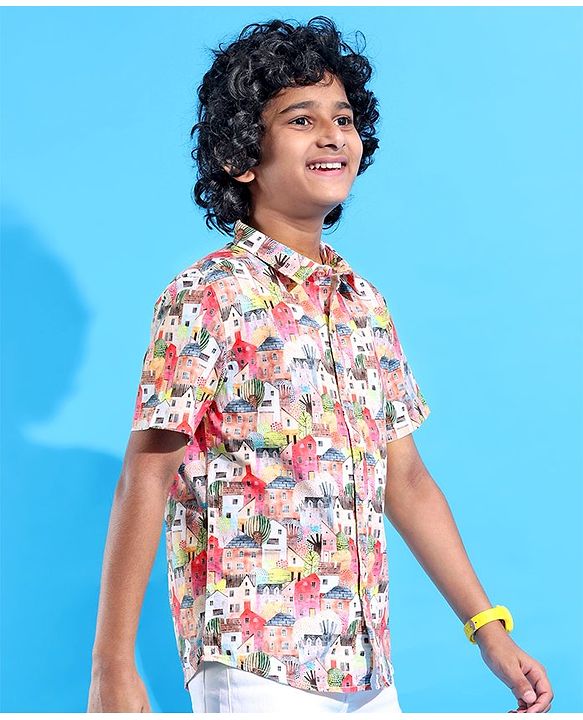 Pine Kids Cotton Woven Half Sleeves City Print Shirt- Multicolour
