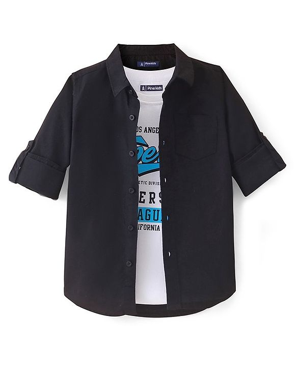 Pine Kids Cotton Woven Full Sleeves Solid Shirt with Inner T-Shirt- Black